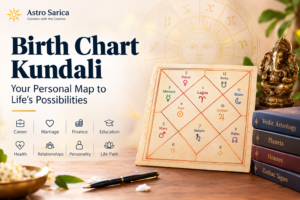 Birth chart kundali showing Vedic astrology houses, planets and zodiac signs