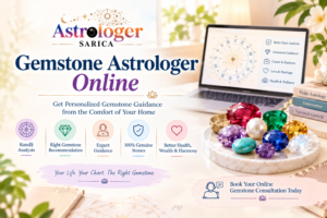 Ruby, pearl and emerald gemstones beside a birth chart for online Vedic astrology guidance