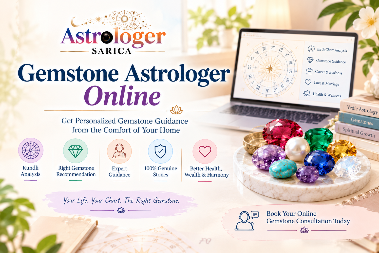 Ruby, pearl and emerald gemstones beside a birth chart for online Vedic astrology guidance