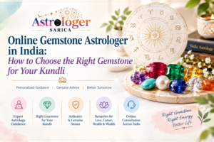 Gemstones arranged beside a Vedic astrology birth chart