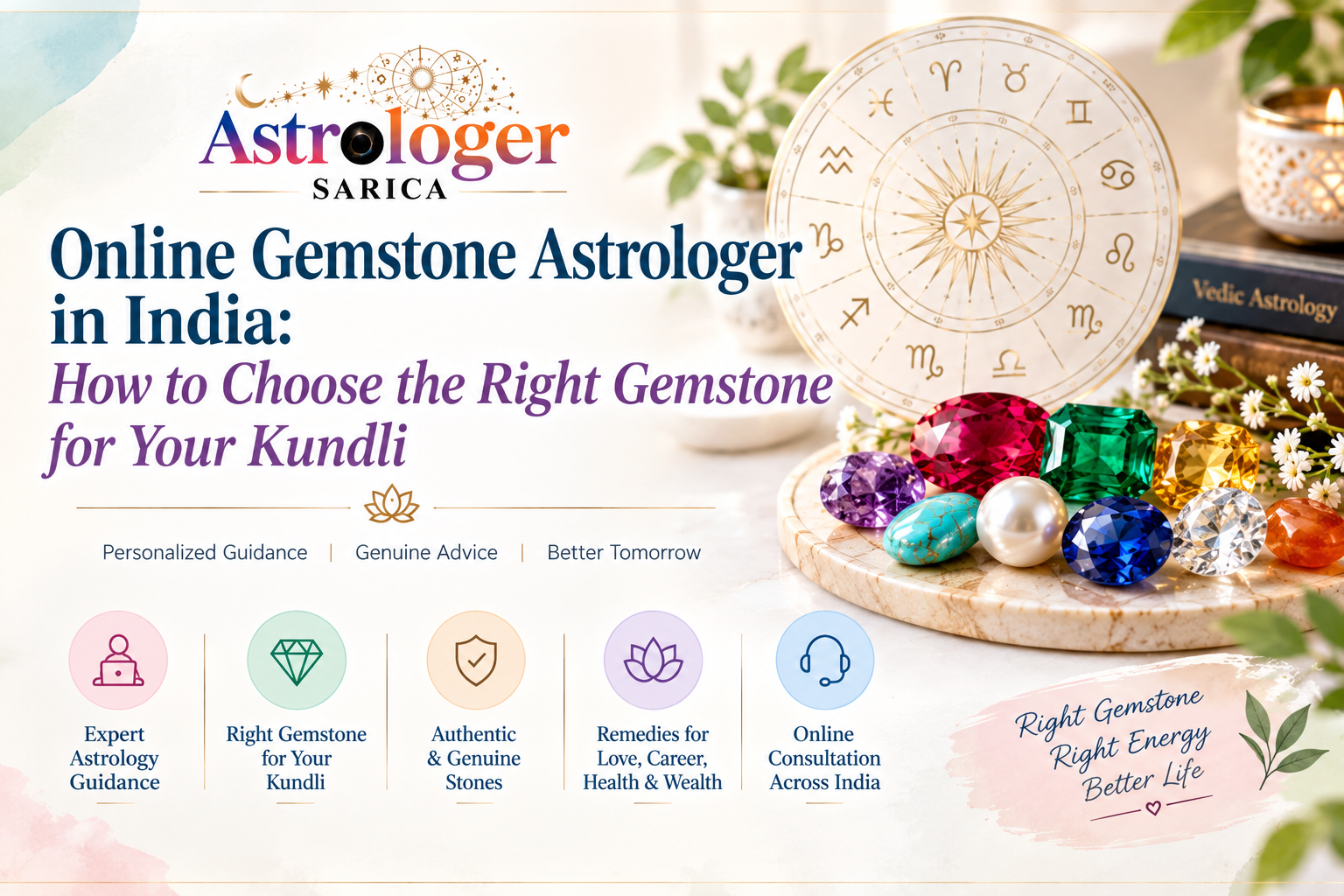 Gemstones arranged beside a Vedic astrology birth chart