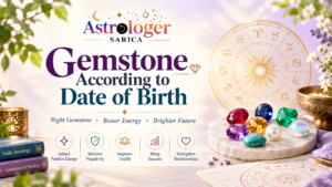 Nine assorted gemstones arranged in a circle beside a Vedic birth chart outline